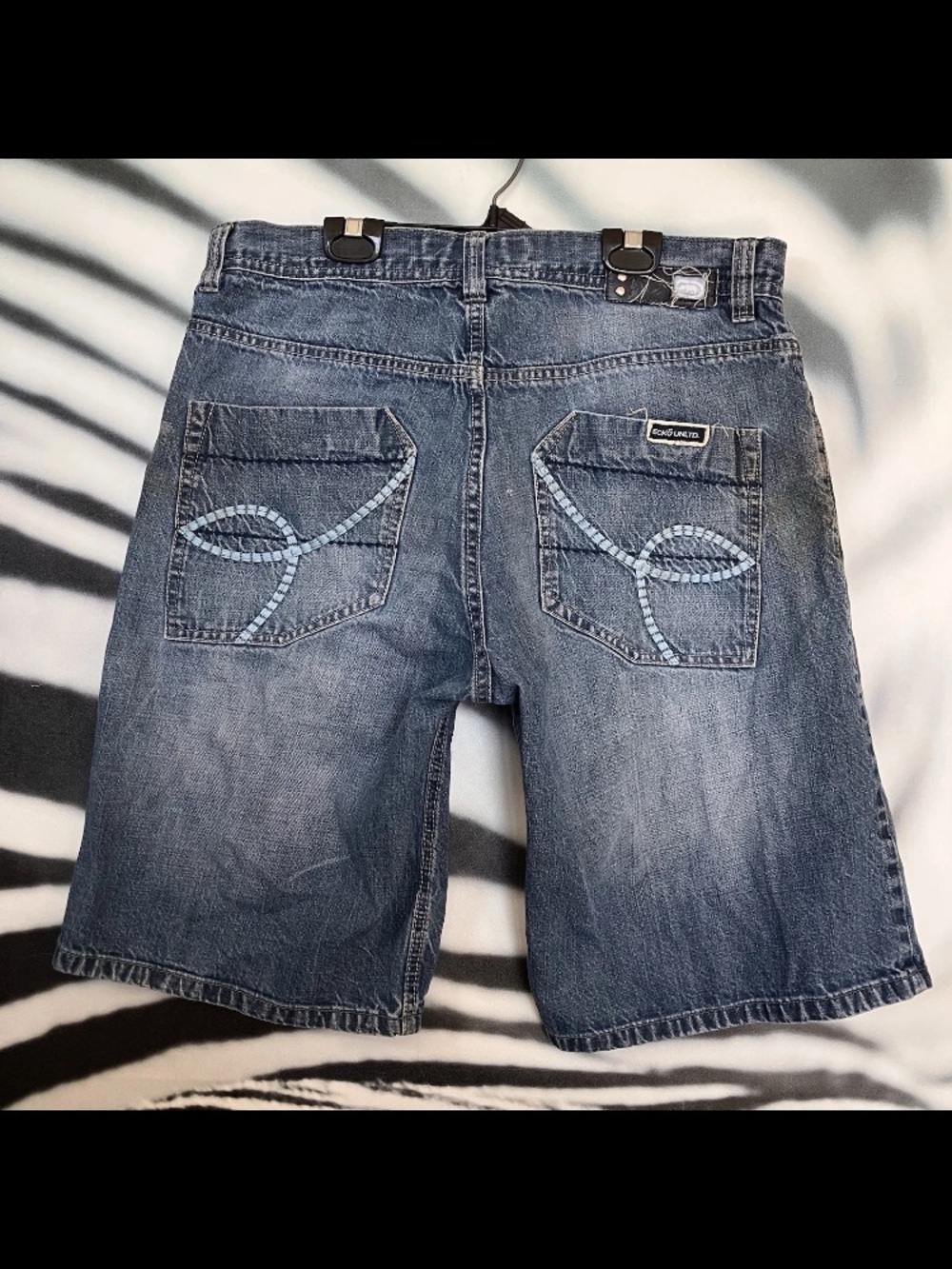 Vintage Ecko Unltd Jean Shorts Blue Denim Baggy Y2K Distress Paint Work